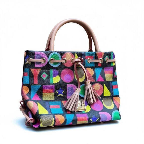 Dooney & Bourke Art Deco Tassel Satchel Multicolor Bright Logo Rainbow